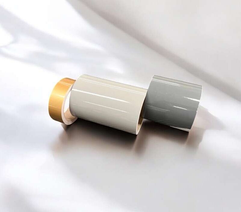 Drei glänzende Fahrzeug Dekorstreifen Rollen in Gold, Creme und Grau.