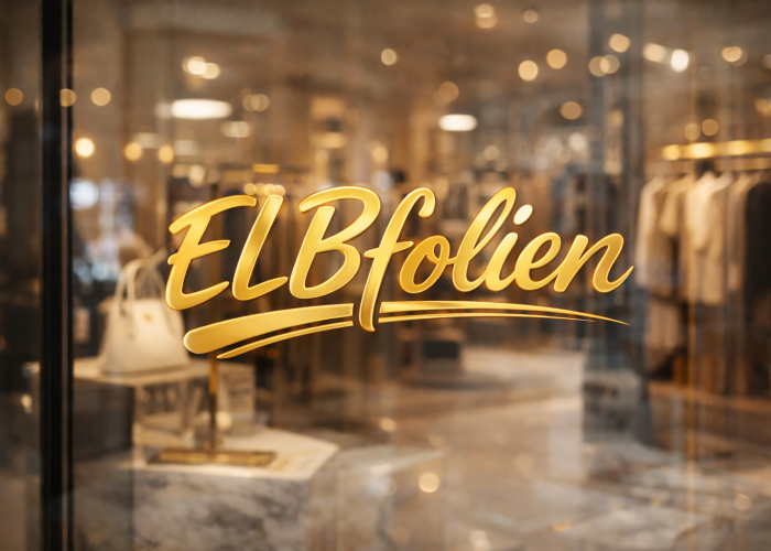 ELBfolien Schriftzug in edler Goldoptik auf hochwertigem Schaufenster mit stilvoller Ladenbeleuchtung im Hintergrund